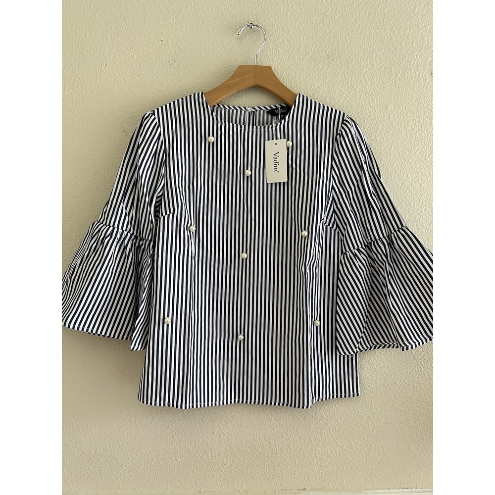 New Striped Faux Pearl Top M Flared Ruffle Sleeve Poplin Casual Blouse Preppy